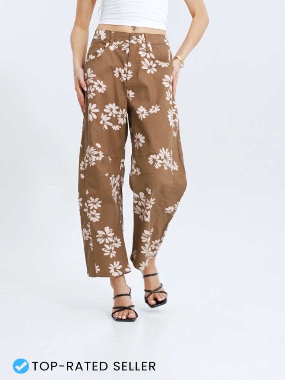 High Waisted Baggy Barrel Jeans Floral Print Patchwork Cropped Denim Pants - Picture 6 of 6